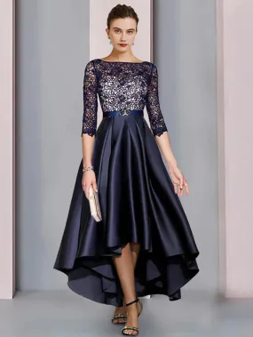 A-Line Mother of the Bride Dress Formal Church Elegant High Low Scoop Neck Asymmetrical Tea Length Satin Lace Half Sleeve with Sash / Ribbon Pleats