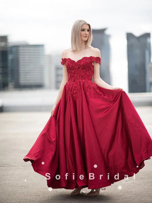 A-Line Off The Shoulder Red Satin Beaded Long Prom Dresses With Lace,SFPD0054