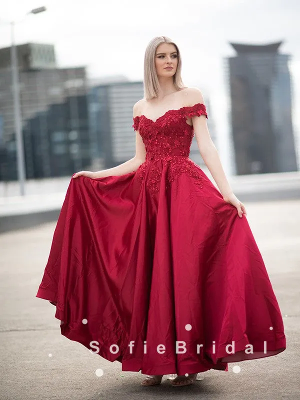 A-Line Off The Shoulder Red Satin Beaded Long Prom Dresses With Lace,SFPD0054