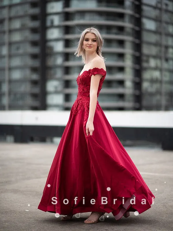 A-Line Off The Shoulder Red Satin Beaded Long Prom Dresses With Lace,SFPD0054