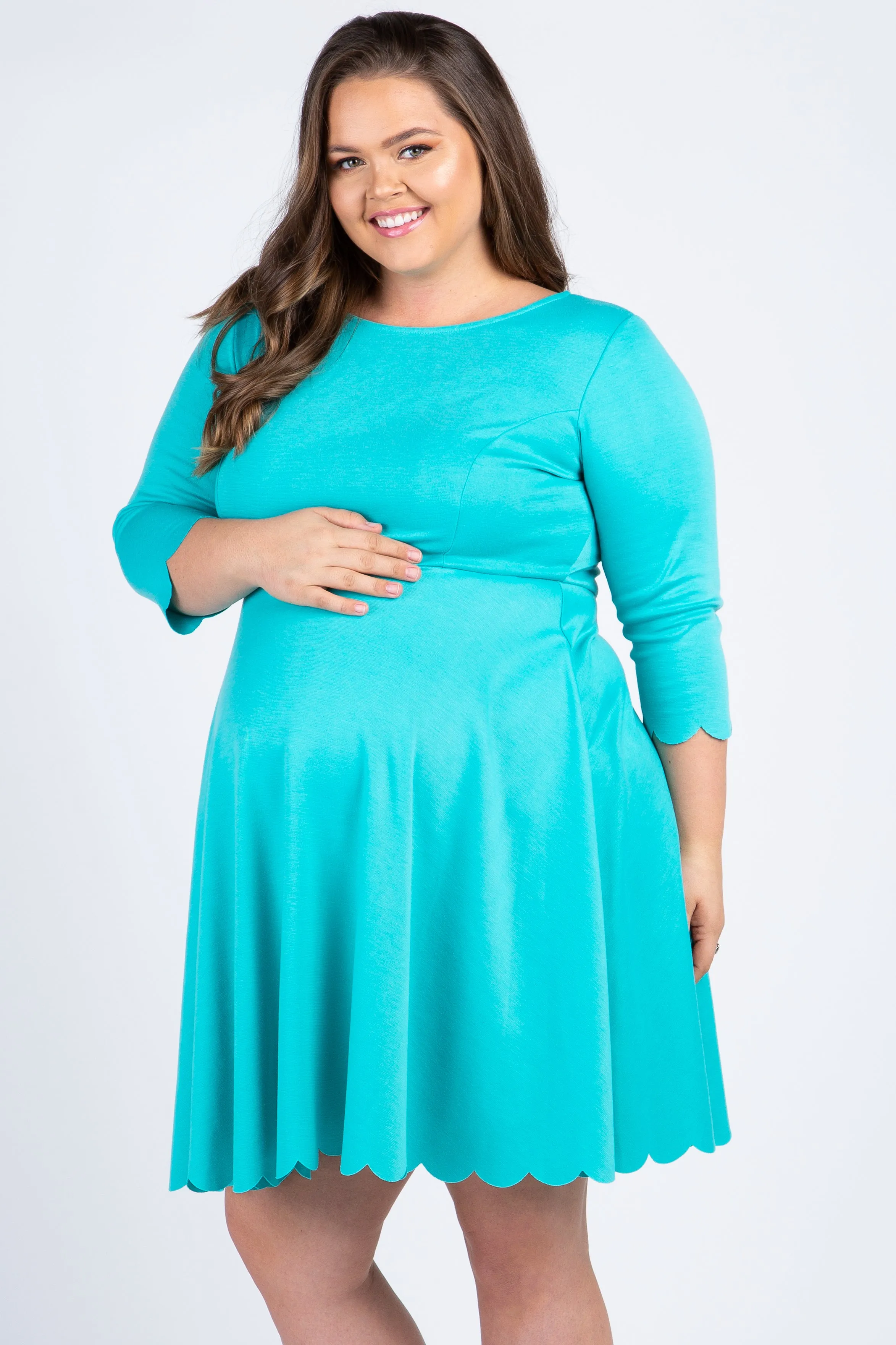 Aqua Solid Scalloped Hemline Maternity Plus Dress