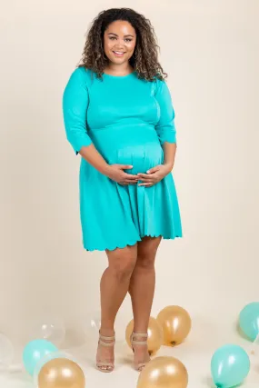 Aqua Solid Scalloped Hemline Maternity Plus Dress