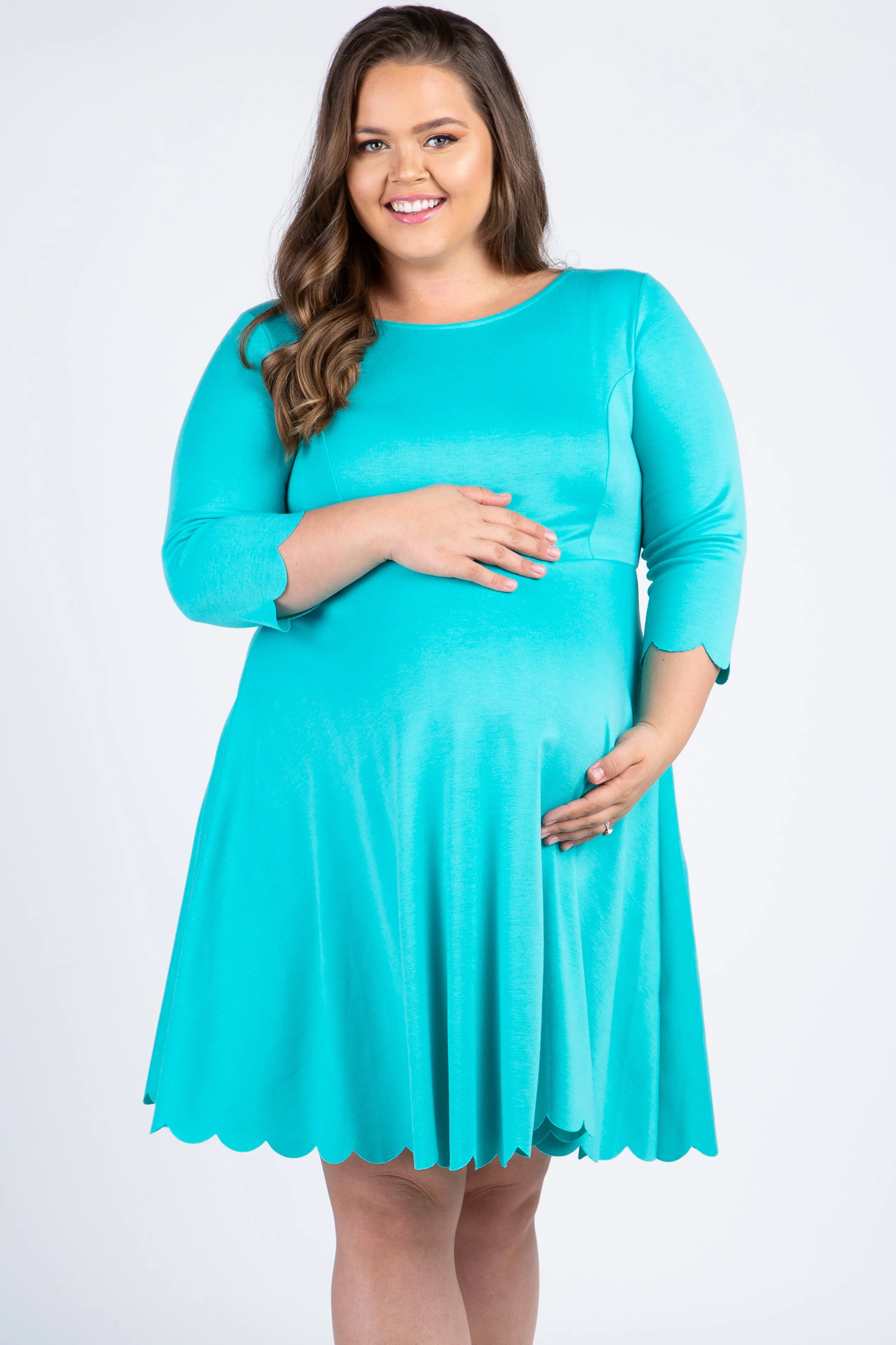 Aqua Solid Scalloped Hemline Maternity Plus Dress