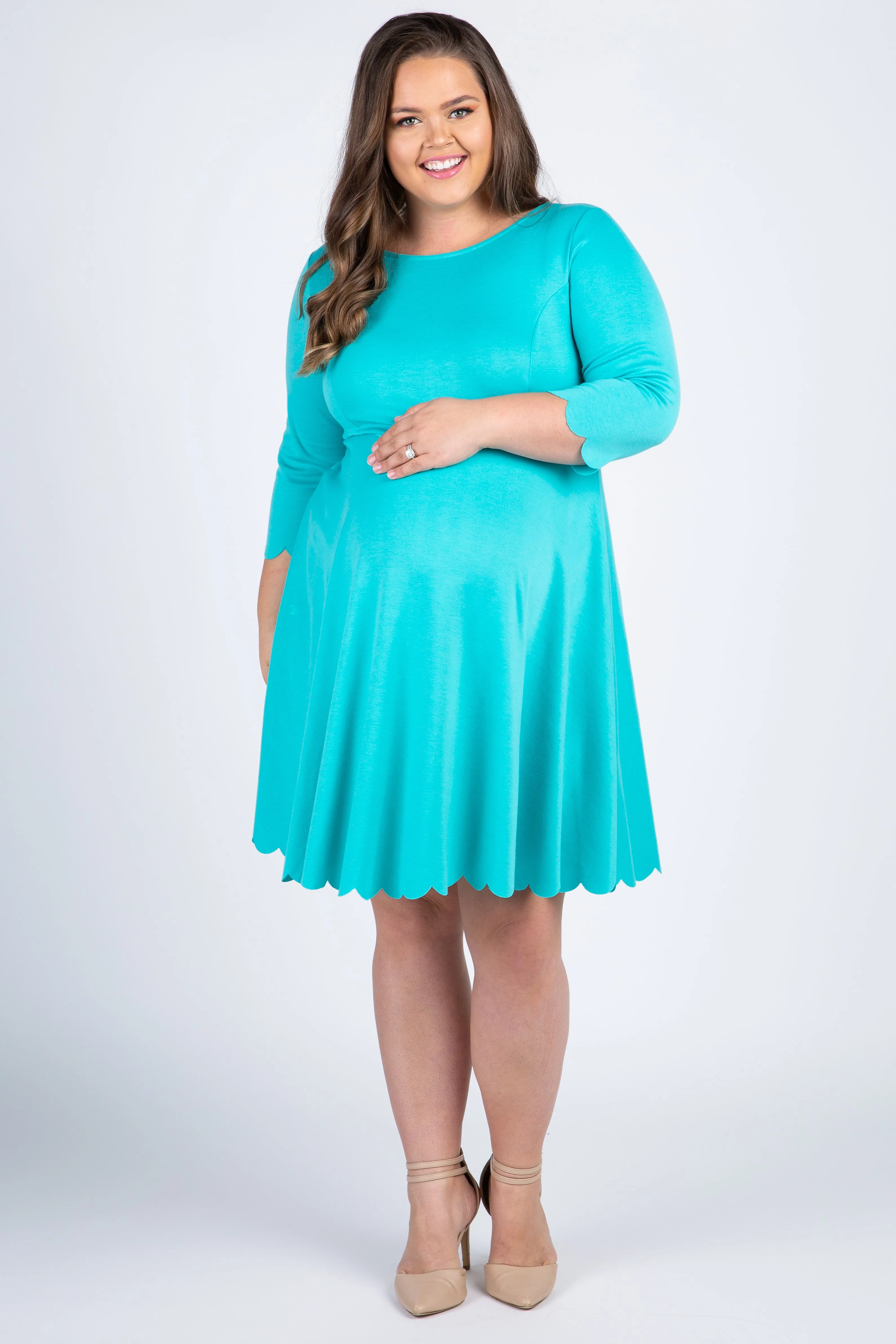 Aqua Solid Scalloped Hemline Maternity Plus Dress