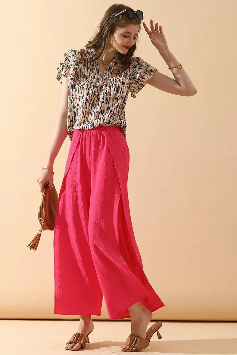 BANDED FRONT OPENING SLIT LEG WIDE PANTS