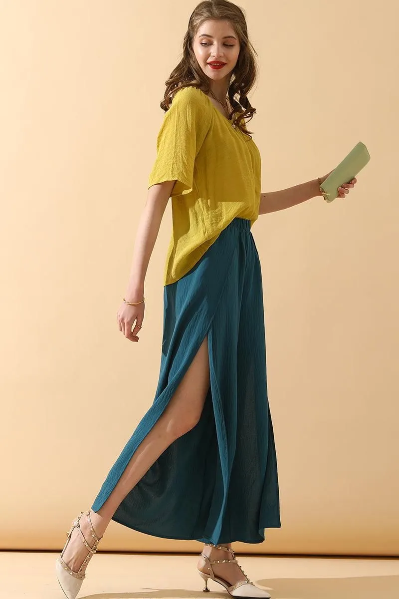 BANDED FRONT OPENING SLIT LEG WIDE PANTS