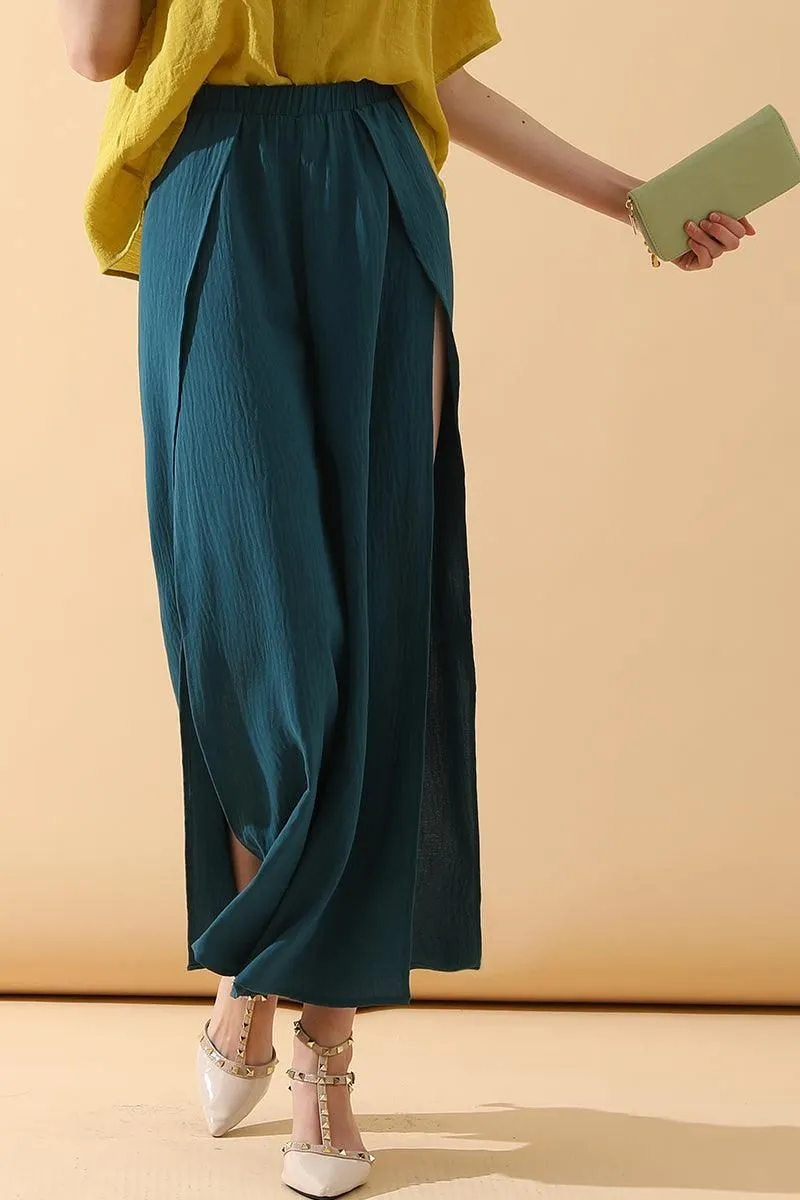 BANDED FRONT OPENING SLIT LEG WIDE PANTS