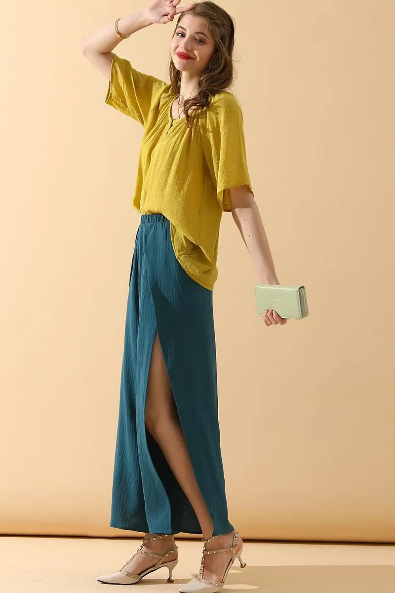 BANDED FRONT OPENING SLIT LEG WIDE PANTS