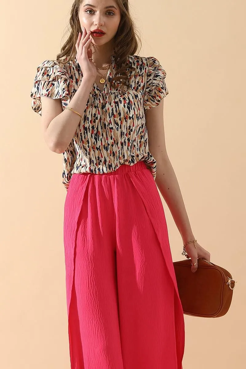 BANDED FRONT OPENING SLIT LEG WIDE PANTS