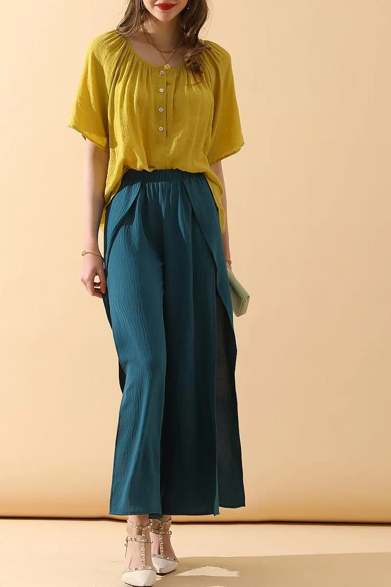 BANDED FRONT OPENING SLIT LEG WIDE PANTS