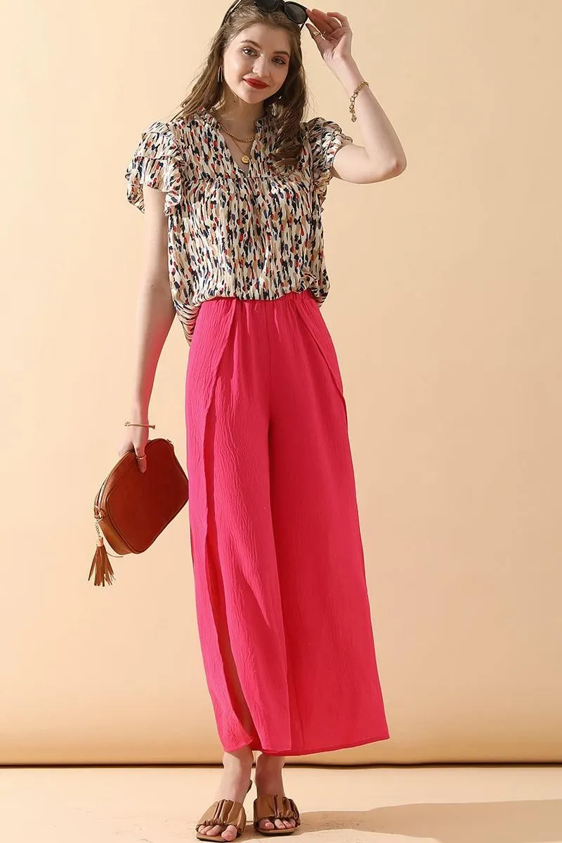 BANDED FRONT OPENING SLIT LEG WIDE PANTS