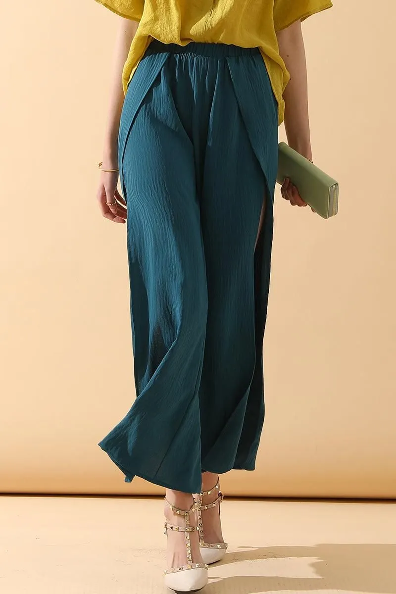 BANDED FRONT OPENING SLIT LEG WIDE PANTS