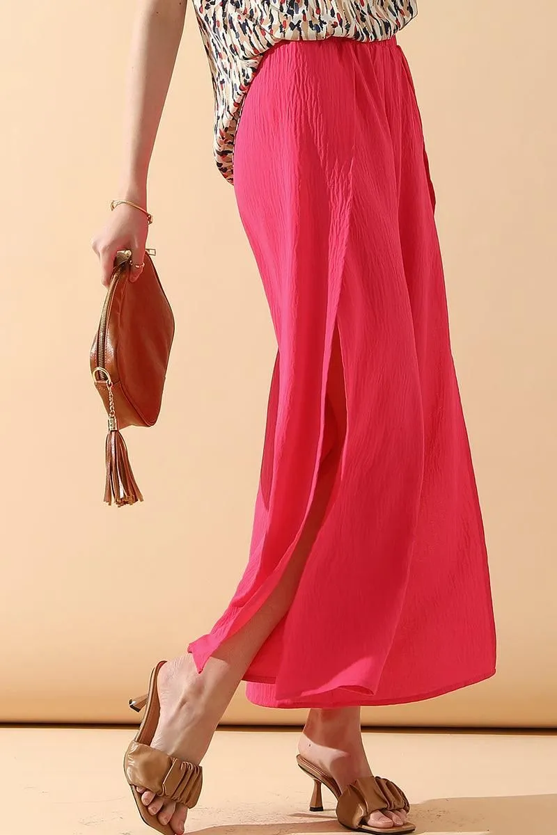 BANDED FRONT OPENING SLIT LEG WIDE PANTS