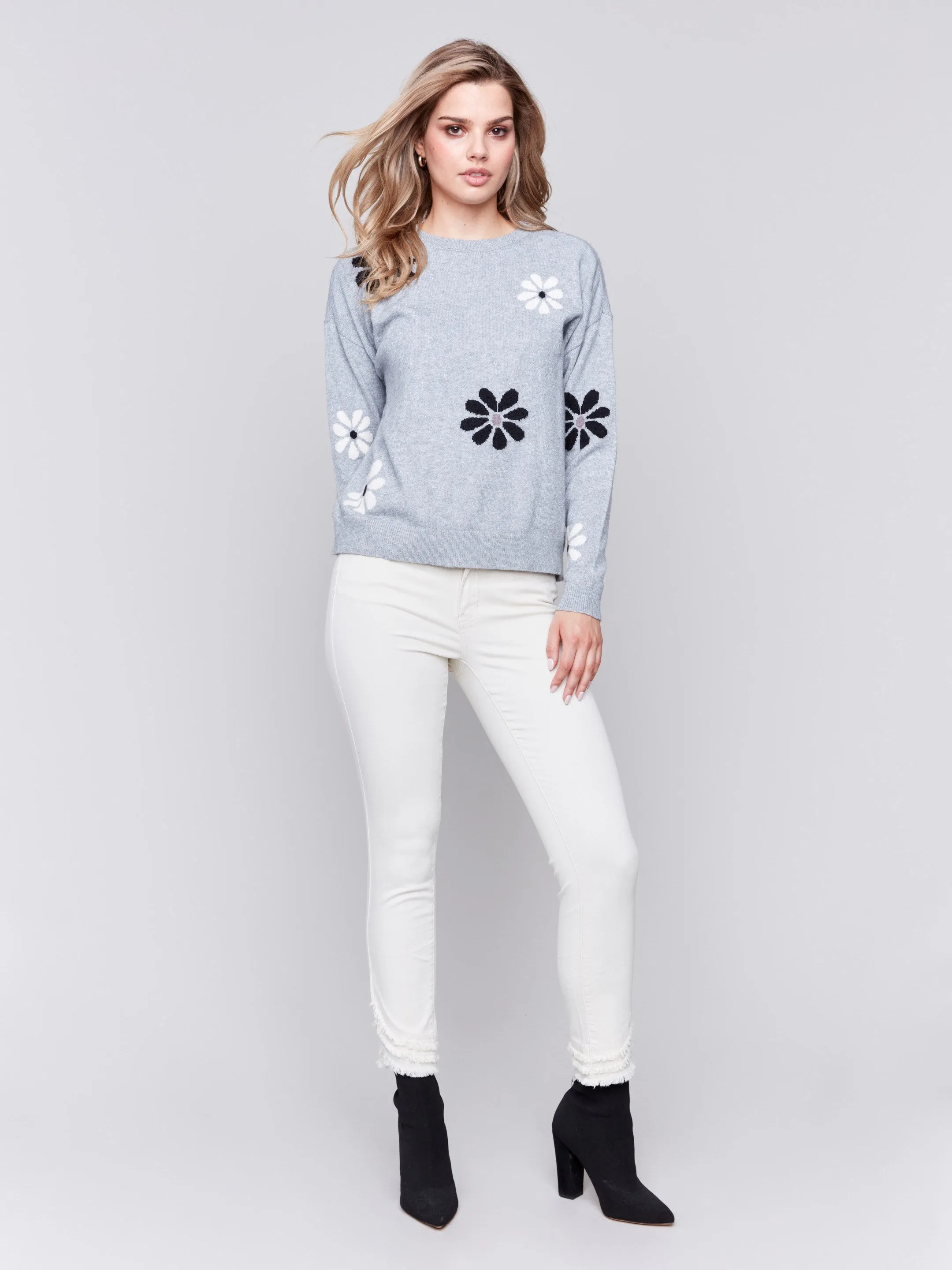 Crew Neck Sweater with Printed Flowers - Light Grey