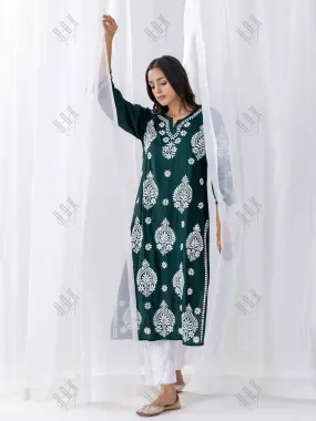 Fizaa Chikankari Kurta in Rayon Cotton Notch Neck Sea Green