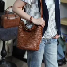 Handwoven Full-Grain Leather Bucket Bag | Stylish Shoulder Bag for Women | Leather Beach Bag