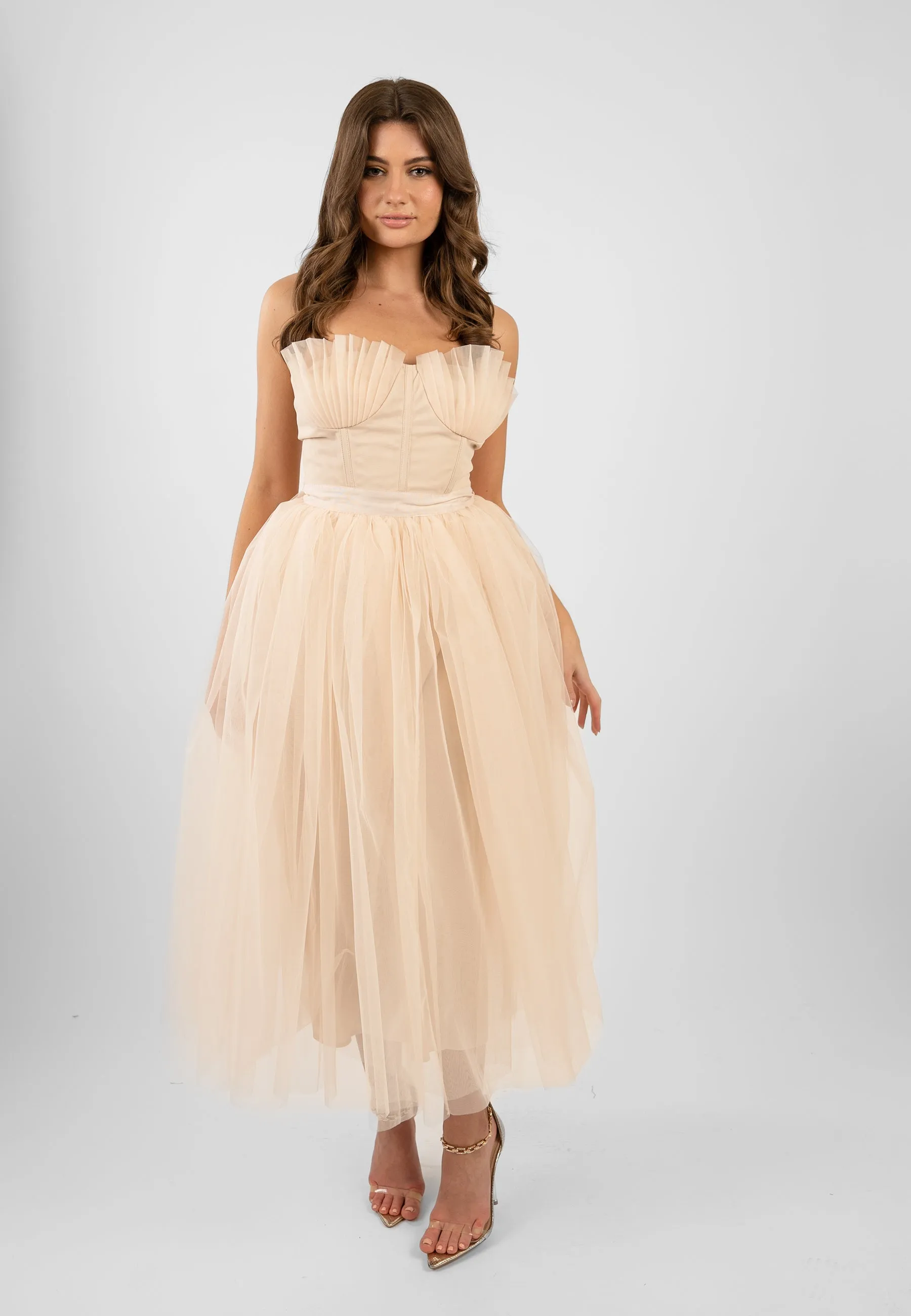 Nimo Cream Tulle Midi Dress with Shell Cups