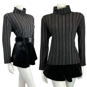 VINTAGE 60s 70s BLACK IRIDESCENT STRIPED ROLL-NECK TURTLENECK KNIT TOP 12 14