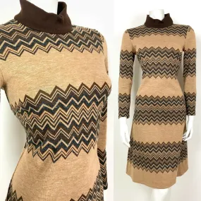 VINTAGE 60s 70s BROWN BLACK CHEVRON TURTLENECK BOHO JUMPER DRESS 8 10