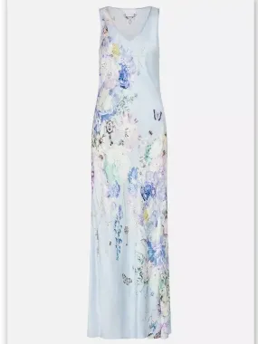 Women’s Butterfly and Floral Printed Long Silk Slip Tank Dress in Light Blue